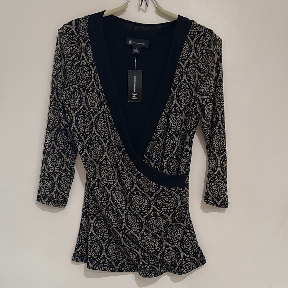 INC International Concepts Black and Cream Fitted Wrap Blouse